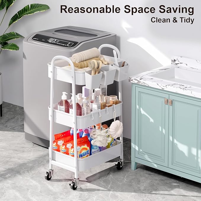 3 Tier Heavy Duty White Metal Rolling Cart with Lockable Wheels, Three Tier Roller Book Snack Cart, Utility Storage Organizer Carts for Kitchen, Bathroom, Garage, Baby Diaper, Craft, Art, Teacher