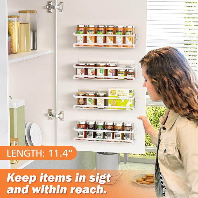 Bunoxea Spice Rack Wall Mounted 4 Pack, White,11.41x2.75x2.75in | 4 Removalble Hooks,Screw or Adhesive Hanging,Space-Saving,For Kitchen Cabinet, Pantry Door,Stove,RV