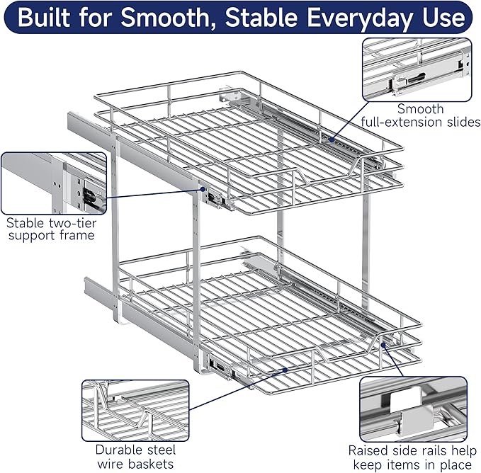 2-Tier Pull Out Cabinet Organizer, 14.5" W x 21.5" D, Heavy Duty Dual Slide Out Shelves for Base Cabinets, Chrome Wire Basket Drawer for Pantry, Kitchen & Bathroom Storage