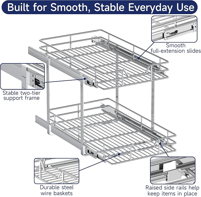 2-Tier Pull Out Cabinet Organizer, 15.5" W x 21.5" D, Heavy Duty Dual Slide Out Shelves for Base Cabinets, Chrome Wire Basket Drawer for Pantry, Kitchen & Bathroom Storage