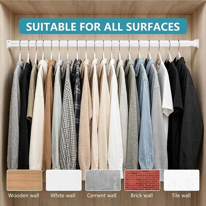 STARLATTA Heavy Duty White Closet Rod: 17-84 Inch Stepless Adjustable Clothes Hanging Bar, 1.3" Diameter Metal Wardrobe Pole with Brackets, No-Cut, for Laundry & RV