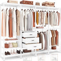 Aheaplus Wood Clothes Rack Wardrobe Closets for Hanging Clothes Heavy Duty Garment Rack, Large Corner L Shaped Closet System Organizer Walk-in Closet for Bedroom with 3 Wood Drawers, Pure White