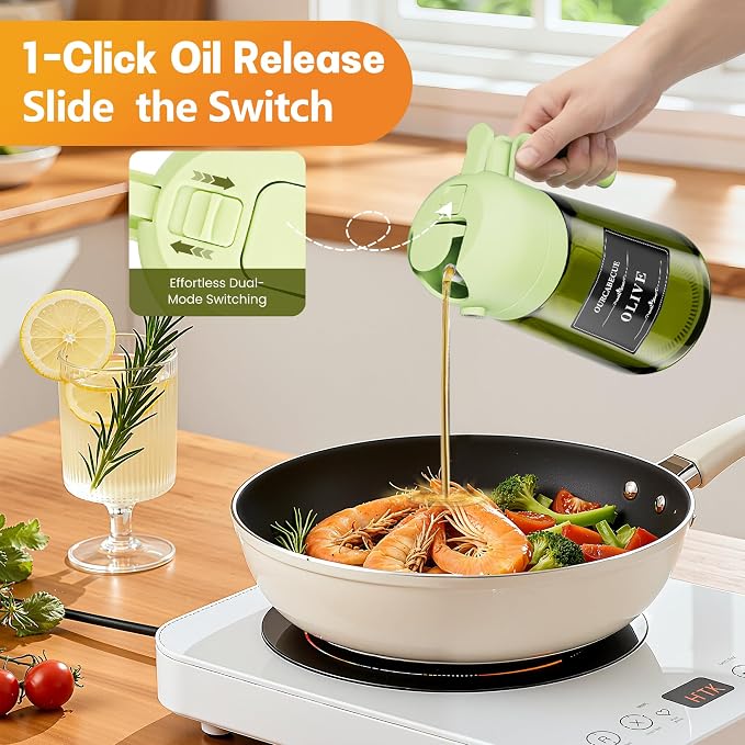 Olive Oil Sprayer & Dispenser Bottle for Cooking 16oz Dark Glass Oil Mister | 2-in-1 Oil Sprayer & Pourer, Fine mist, Light-Blocking, Wide Mouth for Easy Refill & Clean, 8 Oil Labels, Reusable