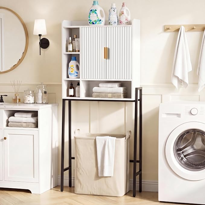 31" W Over The Toilet Storage Cabinet with Fluted Door,Bathroom Organizers and Storage with Adjustable Shelves, Mordern Over Toilet Organizer for Bathroom,Restroom,Laundry,White