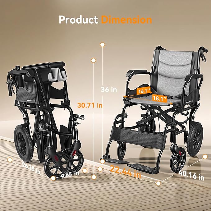 Lightweight Transport Wheelchair for Adults, Versatile Transport Wheel Chair, Supports 300 lbs, Self-Braking, Foldable & Portable, for Seniors, Elderly and Disabled