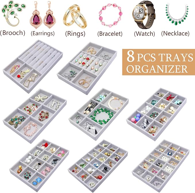 8Pack Jewelry Drawer Organizer Inserts, Stackable Jewellry Case Velvet Jewelry Tray for Necklaces, Earring, Rings Bracelet