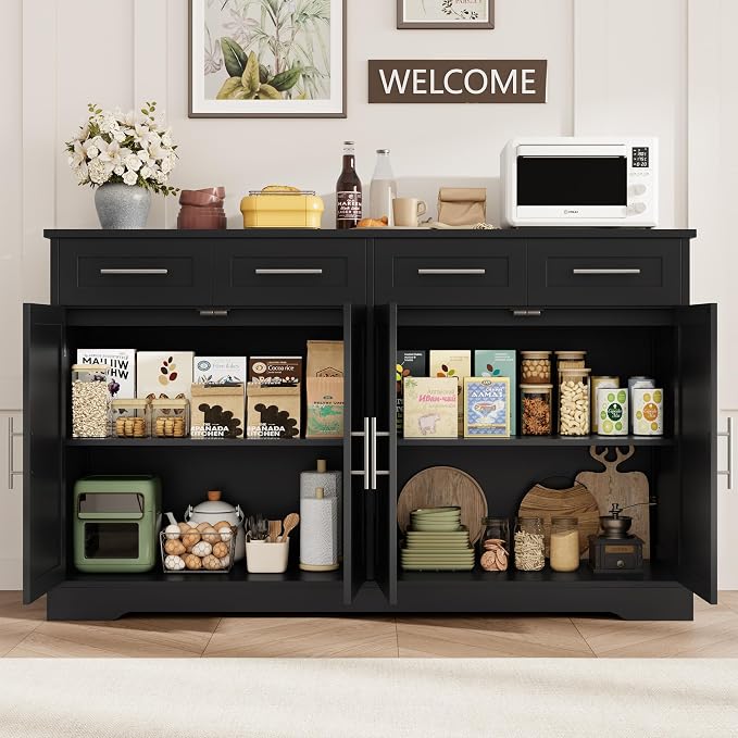 HOSTACK 60" W Sideboard Buffet Cabinet with Storage, Kitchen Cabinet, Black | 36" Tall Kitchen Buffet Storage Cabinet with 4 Drawers, Large Coffee Bar Cabinet, Modern Buffet Table for Dining Living Room