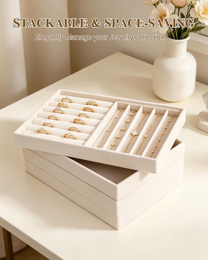 Velvet Jewelry Drawer Organizer Trays Set - 4-Layer Stackable Jewelry Storage Inserts for Earrings, Rings, Necklaces, Bracelets, Removable Dividers Display Case, Dresser Vanity, Gift for Women