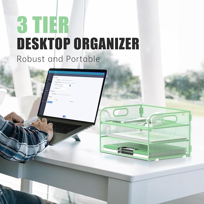 DALTACK 3 Tier Paper Organizer with Handle, Mesh Metal Desk Organizer with Sliding Paper Trays for Letter/A4 Paper, Mail, Bills & Folders, Mint Green