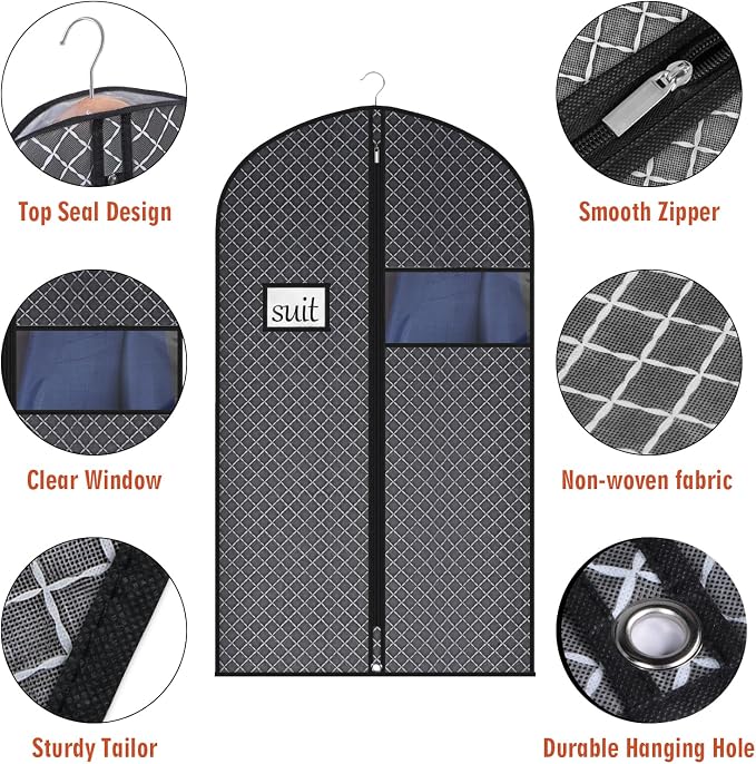 Univivi Suit Bags for Closet Storage and Travel, 40 Inch, 5 Pack, Black | Non-woven fabric, Breathable Suit Cover, Dustproof Hanging Storage Bag, Clear Window and ID Card Holder for Closet Storage