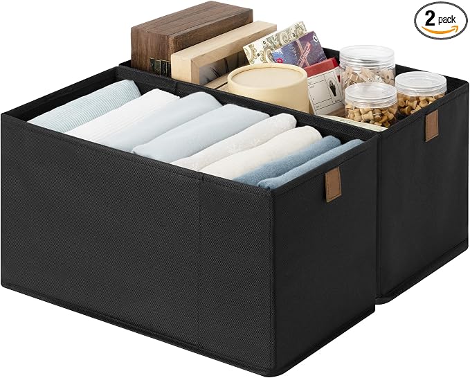 StorageWorks Narrow Baskets for Storage, Fabric Storage Bins, Small Baskets for Organizing with PU Handle, Great for Clothes, Books, and Laundry Items, Black, 2-Pack