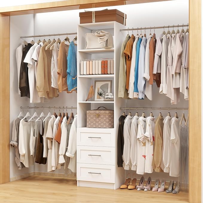 Closet System with Drawers, 5FT-9FT Custom Closet Organizer System 114.9" Walk in Wood Closet Storage System with 4 Expandable Hanging Rods Wall Mount White