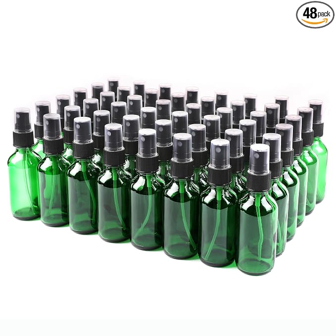 NOOEEISS Green Glass Small Spray Bottle 2 oz 48 Packs,Fine Mist Sprayer Small Clear Bottles,Refillable Containers mini spray bottles for Cleaning Solutions and Skin Care (Green 48pcs)