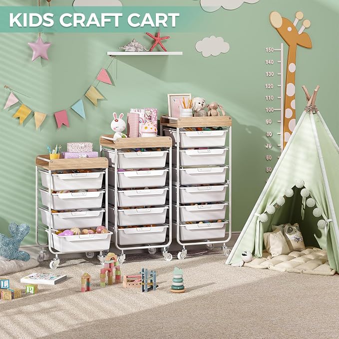 6 Drawer Rolling Cart for Craft Storage,Utility Drawer Organizer with Handle and Wooden Top, Storage on wheels for Office, Classroom,Laundry，Garage, Snack,Art Supply,White