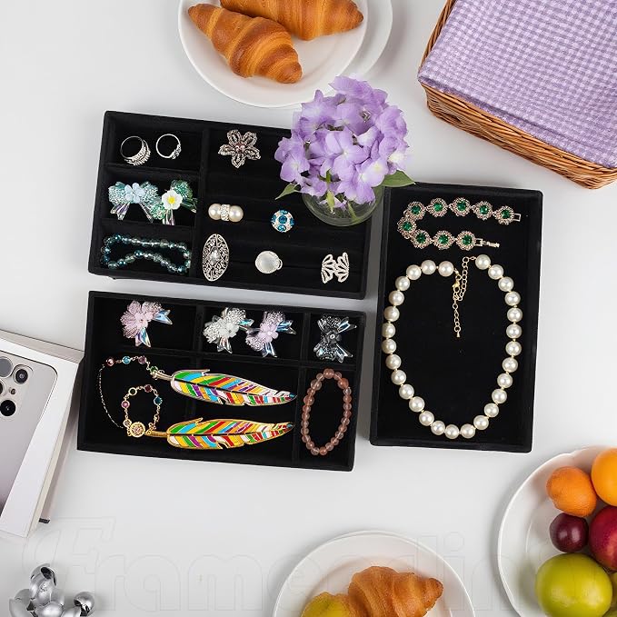 Framendino, 4 Pack Black Velvet Jewelry Trays Stackable Organizer Drawer Inserts Container Display Case for Bracelets Necklaces