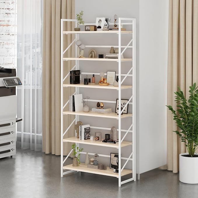 JSB 6 Tier No Assembly Folding Bookshelf, 30.7" Wide Foldable Storage Bookcase for Home Office, Space-Saving Storage Shelf for Living Room (White)