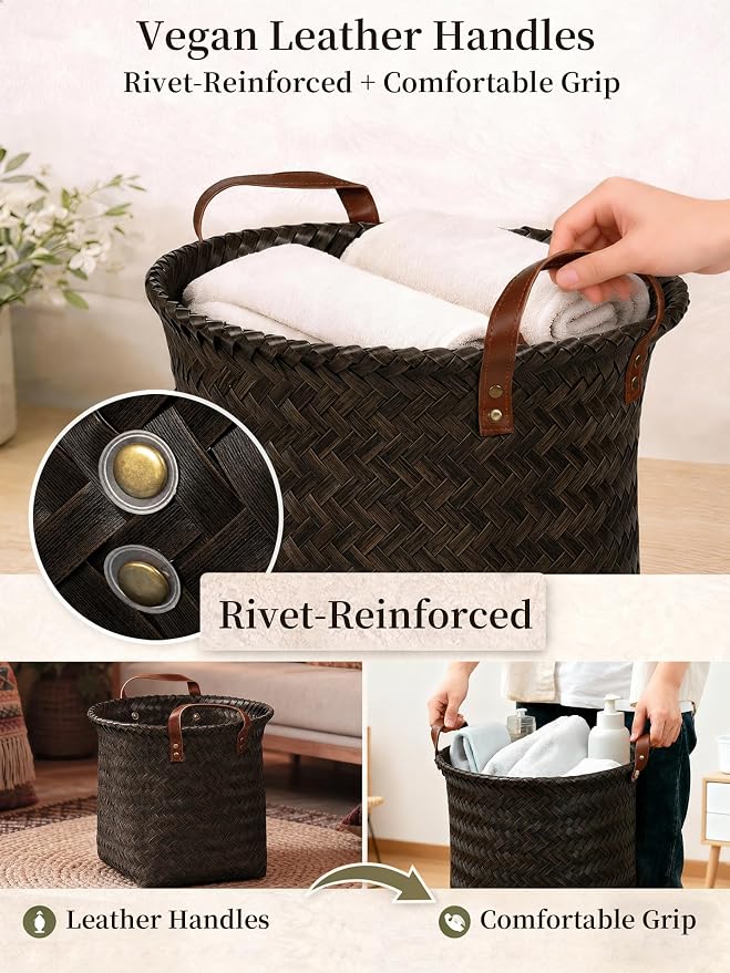 Hand Woven Baskets for Storage, 4Pcs Water-Resistant Wicker Baskets, Dark Gold Wicker Storage Baskets for Shelves, Large Basket with Handle for Organizing, Closet, Laundry, Blanket - Round