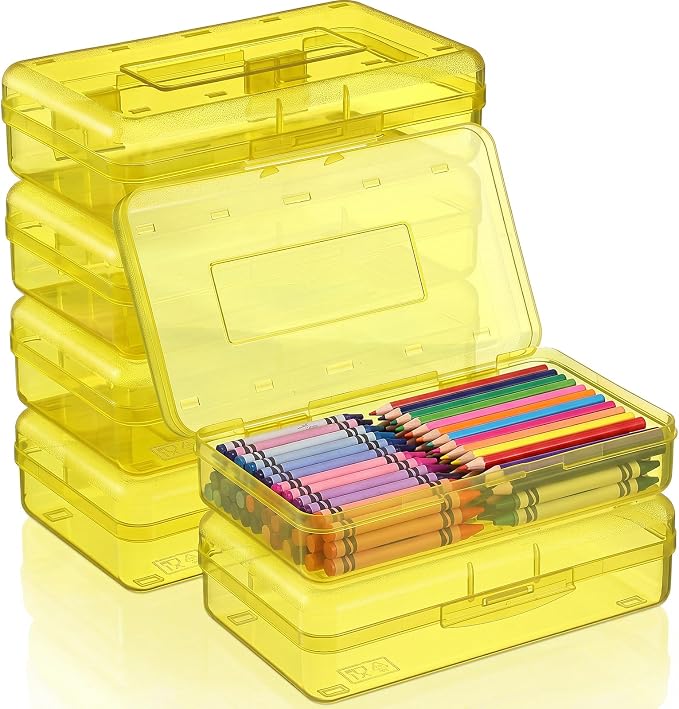 Blulu 6 Pack Large Plastic Pencil Case Box Clear Pencil Boxes Bulk Hard Crayon Box Storage with Snap Lids 8.1 x 4.7 x 2.2 Inch Painting Organizer Classroom Stationery School Supplies (Yellow)