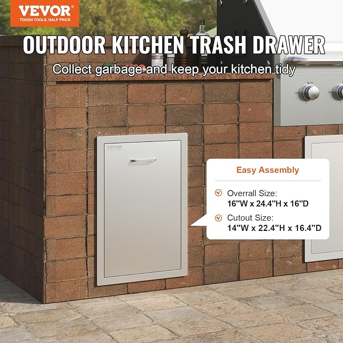 VEVOR Outdoor Kitchen Trash Drawer 16Wx22Hx16"D, Drawer, Stainless Steel Pull Out Trash with Handle, Outdoor Kitchen Cabinets Can Pull Out, BBQ Island Bin, Outside Trash Can Drawer
