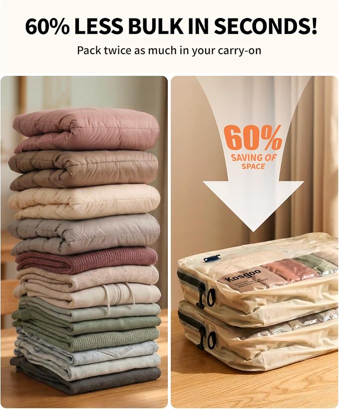 Vacuum Seal Bags for Travel 180° Open Compression Packing Cubes for Carry-on Luggage, IP67 Waterproof Space Saver Storage Bag (1 Pack No Pump, Beige)