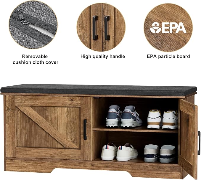 HOMSHO Farmhouse Shoe Storage Bench with 2 Barn Doors & Padded Seat Cushion | 39.4" Wide Entryway Bench with Adjustable Shelves & Hidden Storage, Rustic Walnut