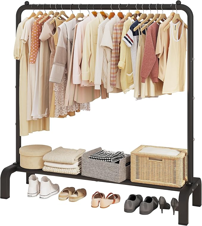 JIUYOTREE Metal Clothing Rack, 43.3 Inches Garment Rack with Bottom Shelf for Hanging Clothes, Coats, Skirts, Shirts, Sweaters, Black