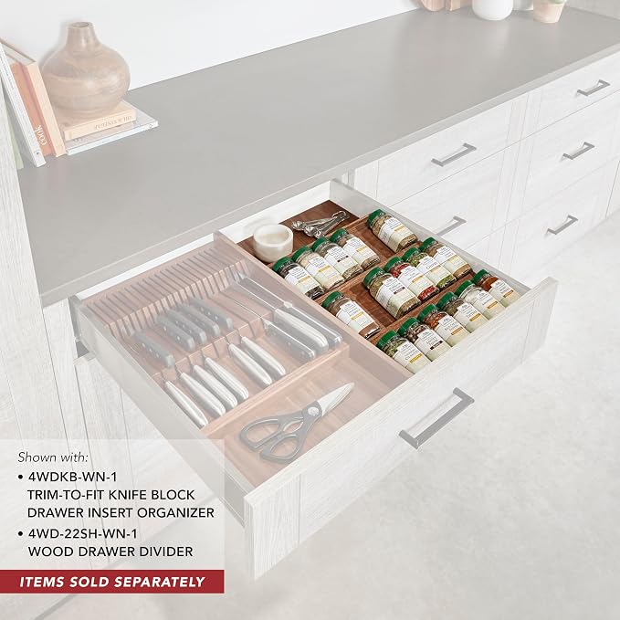 Rev-A-Shelf Trim-to-Fit Knife Block Drawer Insert Organizer with Separate Compartment for Kitchen Utensils, 55 Slot Storage Tray, Walnut, 4WDKB-WN-1