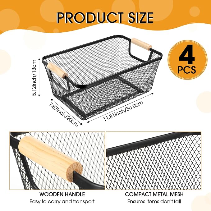 Ziliny 4 Pcs Metal Mesh Wire Baskets with Wooden Handles for Organizing, Pantry Organizers and Storage Steel Bin Kitchen Baskets for Fruit Potato Onion Snacks Bathroom Cabinet(Medium,Black)