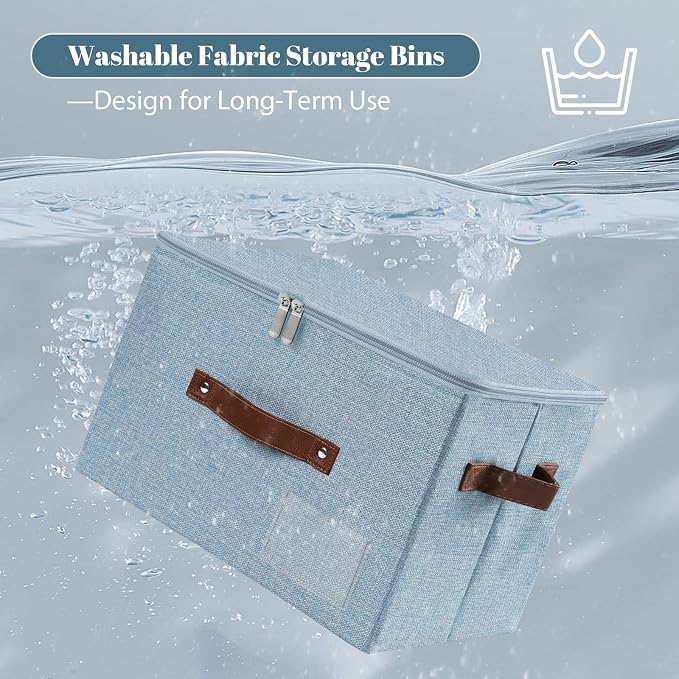 ANMINY Fabric Storage Box Bins with Zipper Lid, Washable Blue | Cotton Linen Fabric, PP Board Frame, Label Holder, Stackable & Foldable, PU Handles, Dual-Zipper 3-Side Open Lid, Medium