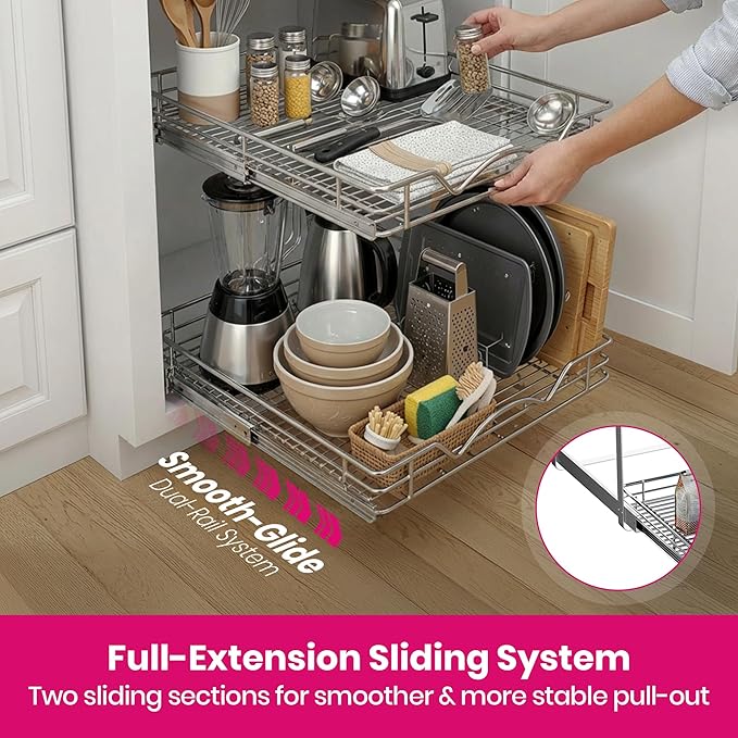 2-Tier Pull-Out Cabinet Organizer with Heavy-Duty Steel Frame, Full-Extension Sliding Shelves, Holds 100 lbs, Easy Install for Kitchen, Pantry & Under Sink Cabinets, 15" W x 21”D x 16.5" H