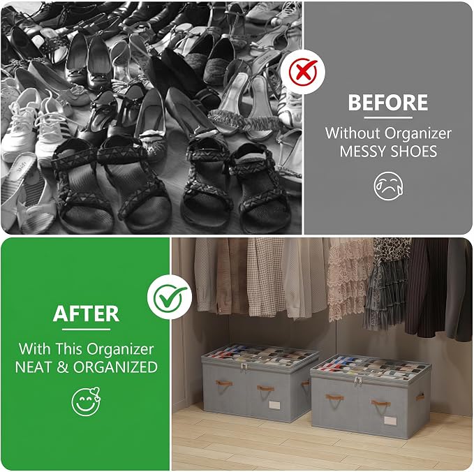 Shoe Organizer for Closet, 2 Pack Shoe Storage Bins Foldable Shoe Storage Box Containers with Clear Cover and Sturdy Handles, Shoe Rack for Closet Storage for Sneakers Heels Slippers, Fit 12-24 Pairs