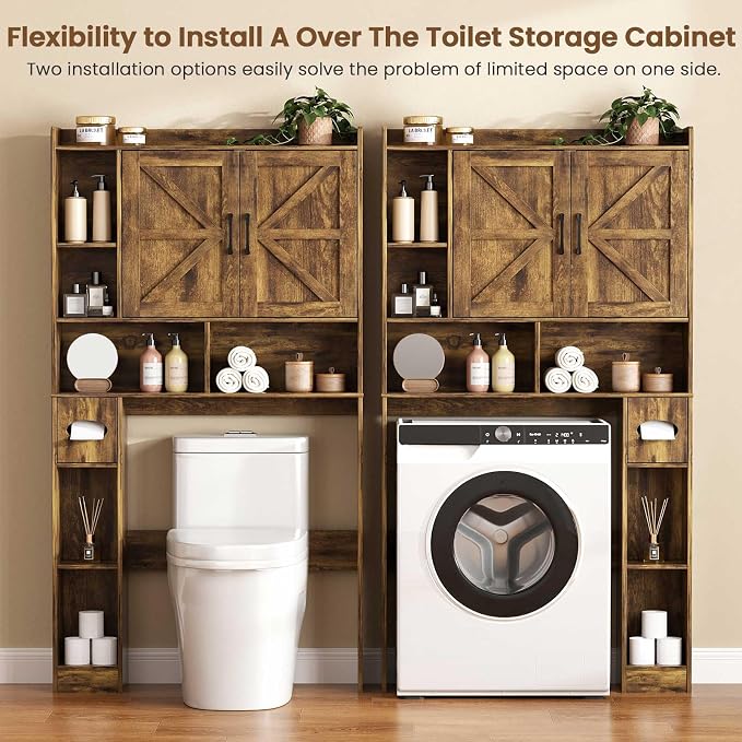 Vabches Over The Toilet Storage Cabinet with 2 Barn Doors, Rustic Brown | Farmhouse Storage Cabinet with Toilet Paper Holder Stand，Home Space-Saving Toilet Rack, for Bathroom, Restroom, Laundry