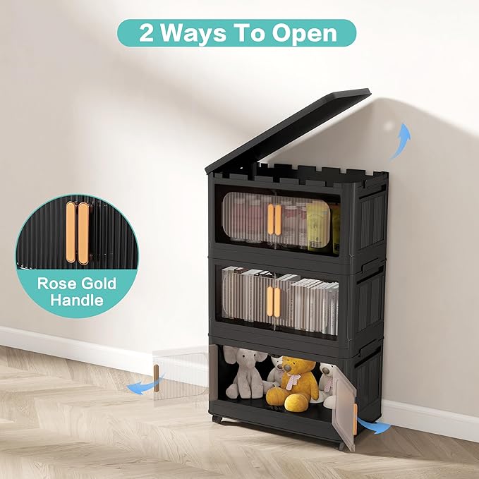 Foldable Storage Cabinet，Plastic Cabinet，Stackable Storage Bins， Open Front with Magnetic Door and Wheels(Black - 4Tiers)