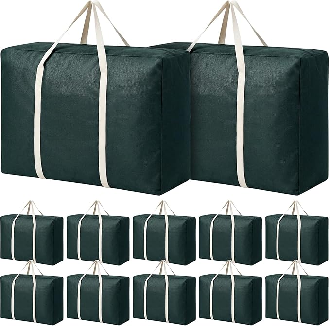 Sadnyy 12 Pack Extra Large Moving Bags Bulk with Carrying Handles & Zipper 32 Gal /120 L Reusable Waterproof Packing Bags Foldable Storage Organizer for Clothes, Bedding, Comforters(Green)