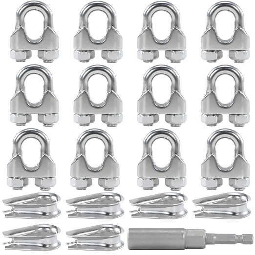 12PCS 3/16 to 1/4 Inches M5 Stainless Steel Wire Rope Clips Cable Clamp,6PCS Thimbles