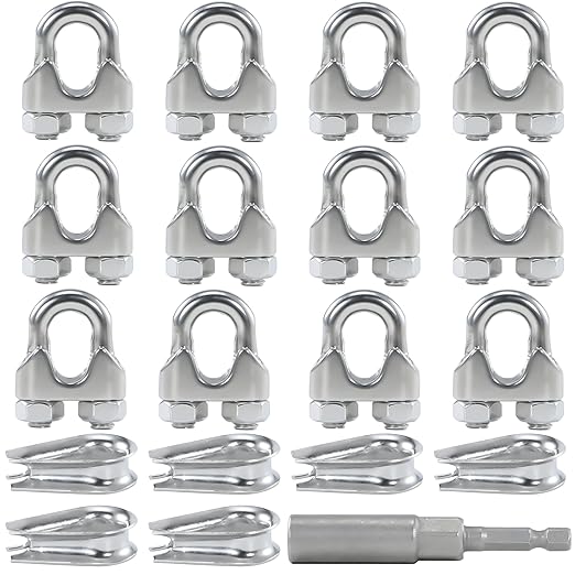 12PCS M4 5/32 Inches Stainless Steel Wire Rope Clips Cable Clamp,6PCS Thimbles