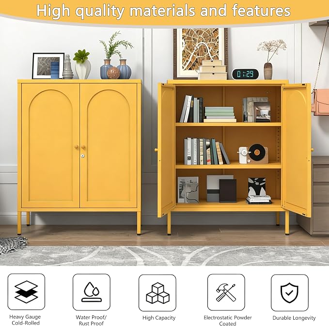 Yellow Lockable Metal Accent Storage Cabinet, 2 Door Freestanding Sideboard with Adjustable Shelves, Kitchen Organizer with Magnetic Doors for Dining Room Living Room Office