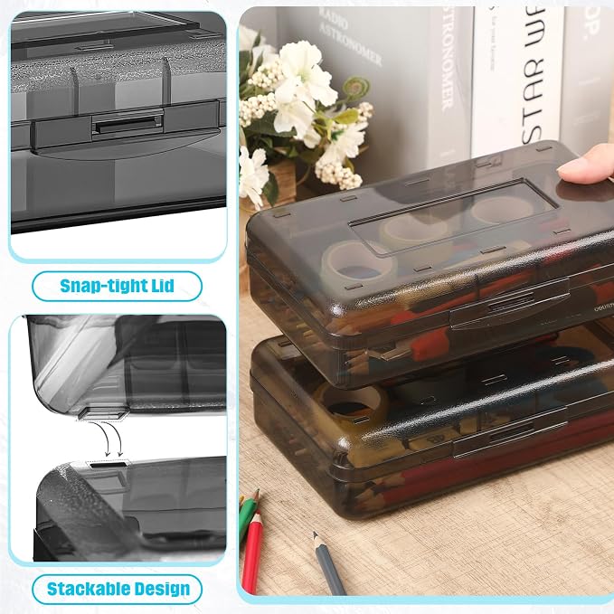 Blulu 6 Pack Large Plastic Pencil Case Box Clear Pencil Boxes Bulk Hard Crayon Box Storage with Snap Lids 8.1 x 4.7 x 2.2 Inch Painting Organizer Classroom Stationery School Supplies (Gray)