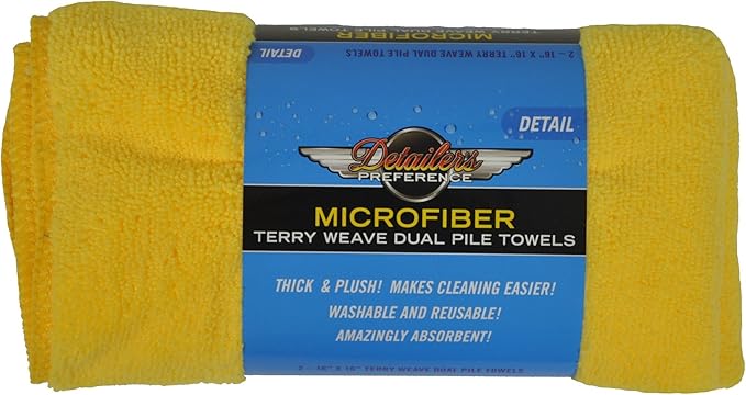 Detailer's Preference Microfiber Dual-Pile Detailing Towels, Ultra-Absorbent Terry Weave for Drying, Polishing & Buffing, Safe for Paint, Glass & Chrome, Streak-Free, Lint-Free, 16x16 Inches, 2-Pack