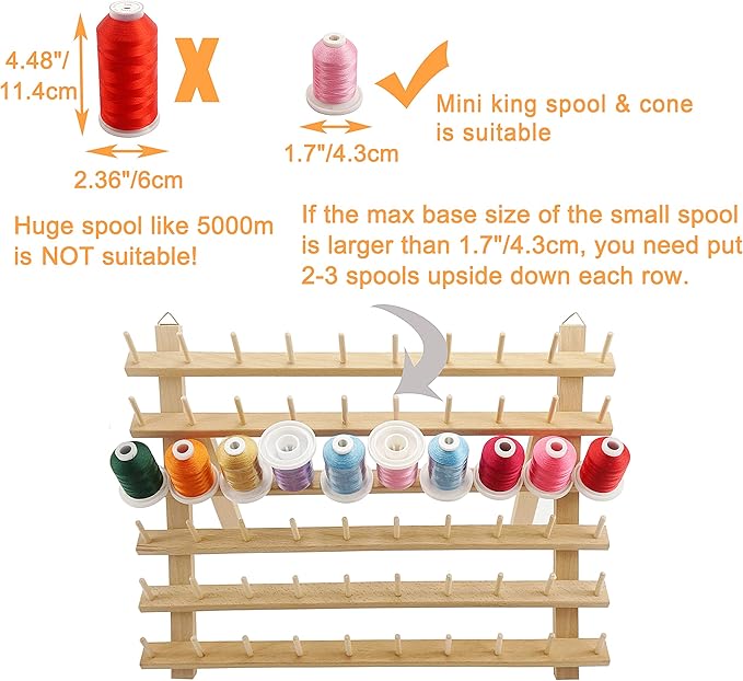 New brothread 60 Spools + 12 Spools Wooden Thread Rack/Thread Holder Organizer with Hanging Hooks for Embroidery Quilting and Sewing Threads - Mother + Baby Thread Rack