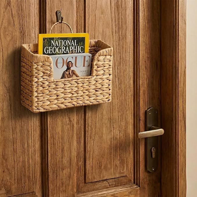 Set of 2 Magazine Holder Wall Basket Water Hyacinth Woven Mail Organizer, Wicker Wall Hanging Baskets for Magazines, Letters & Storage Decorative Mail Holder, Magazine Rack, 11.8x4.3x7.9 Inch