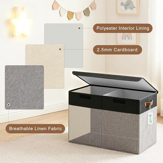 Bagnizer Large Toy Storage Box with Lids, Collapsible Sturdy Baby Storage Organizer Chest Bin Basket for Kids, Boys, Girls, Playroom, Nursery, Bedroom, Closet 25"x13"x16" (Gray and Black)