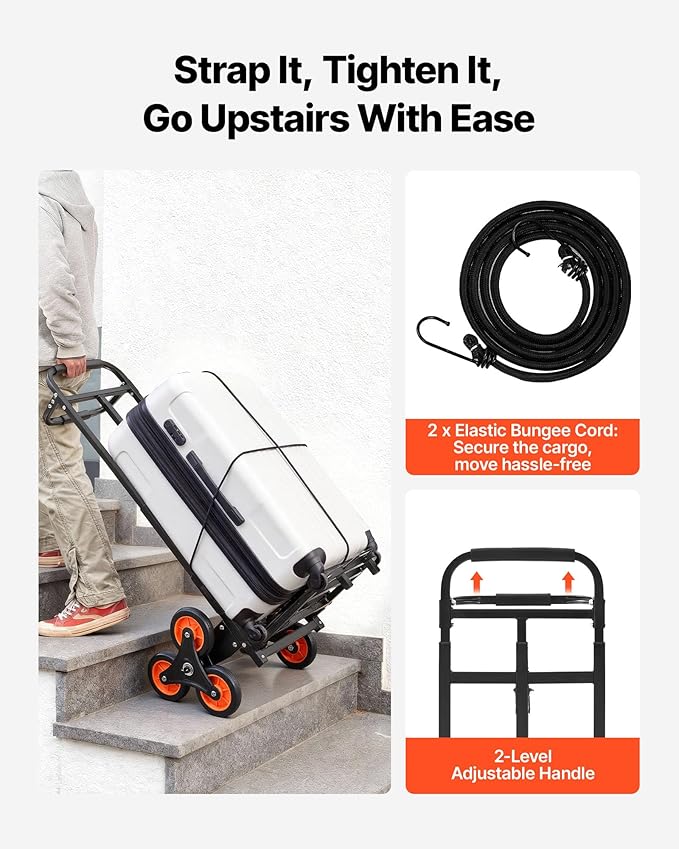 VEVOR Stair Climbing Dolly 460 lbs, Heavy-Duty Folding Trolley Cart for Stairs with Telescoping Handle, 6 Wheels & 2 Ropes, Stair Climber Dolly for Home, Groceries, Warehouse