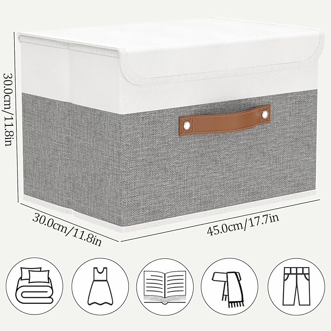 OUTBROS Large Cube Storage unit Boxes, Collapsible Bin with Lid, Linen Fabric Wardrobe Organiser, Baskets For Towels, Clothes, 17.7 x 11.8 x 11.8 inch (White/Grey, 3-Pack)