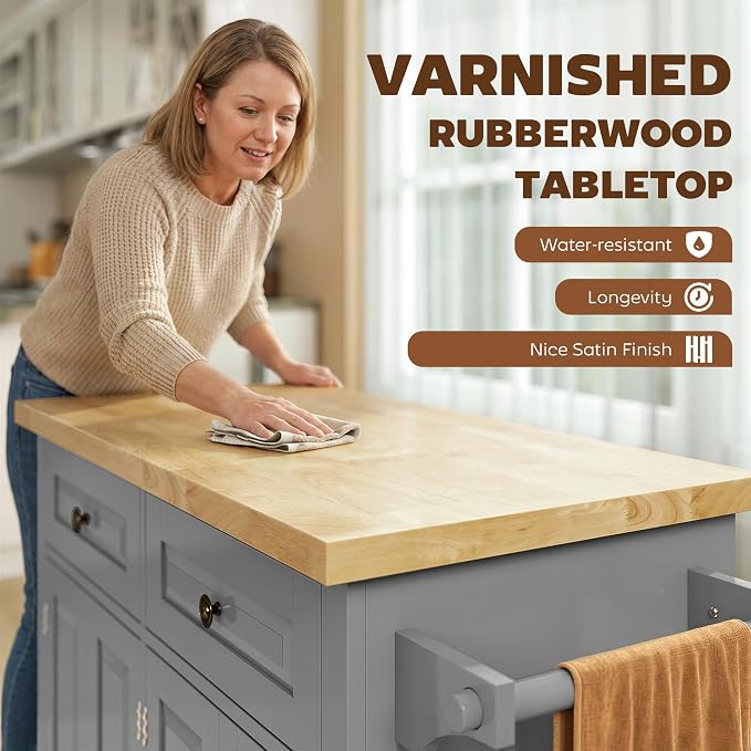 HOMCOM Kitchen Island Cart with Rubber Wood Top, Rolling Kitchen Island Table on Wheels with Drawers, Adjustable Shelves, Spice Rack and Towel Rack for Dining Room, Gray