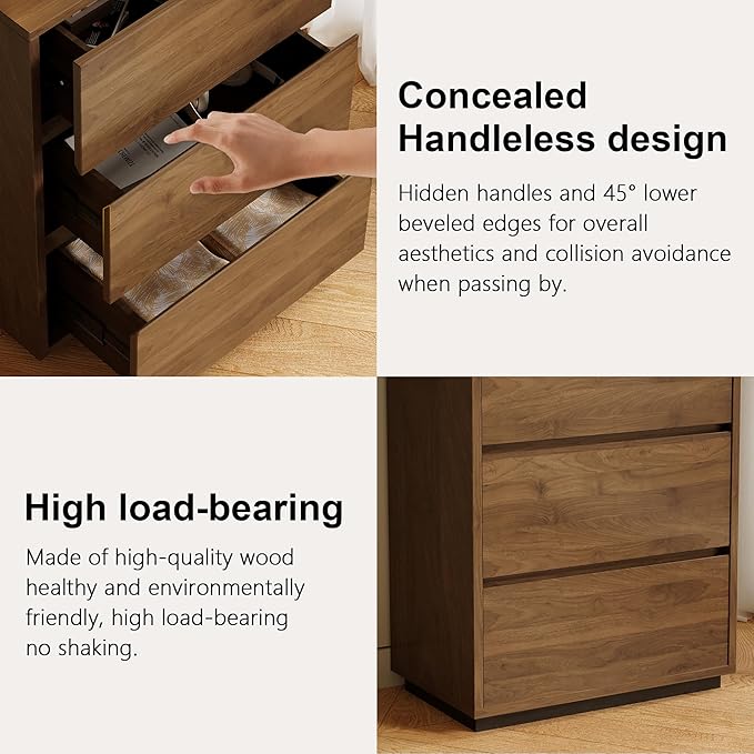 Mid Century Modern 3-Drawer Storage Cabinet – Stylish Wooden Design, Freestanding Organizer Cabinet for Bedroom or Living Room, Walnut