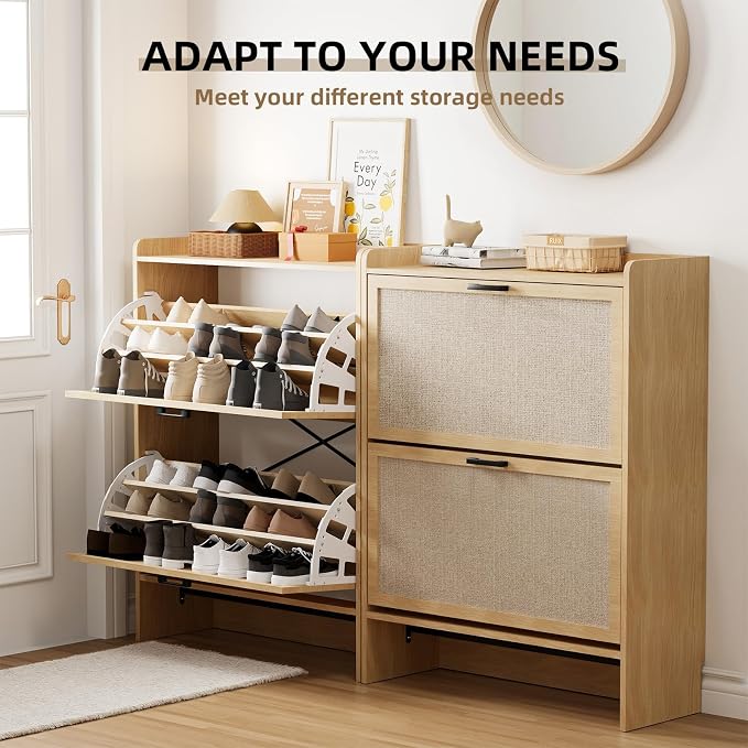 Shoe Storage Cabinet for Entryway, 2 Flip Drawers with 3-Tier Rack Each, 6-Layer Total Storage, Narrow Shoe Cabinet with Linen Panel, Slim Wood Shoe Organizer Closed Shoe Rack for Hallway,Small Spaces