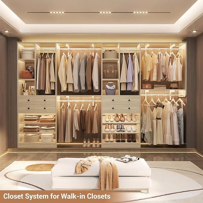 Besiost Closet System - 60"/92" Closet System with Drawers, 5FT/7.67FT Closet Organizer System with Reversible Hanging Shelving Greige Oak