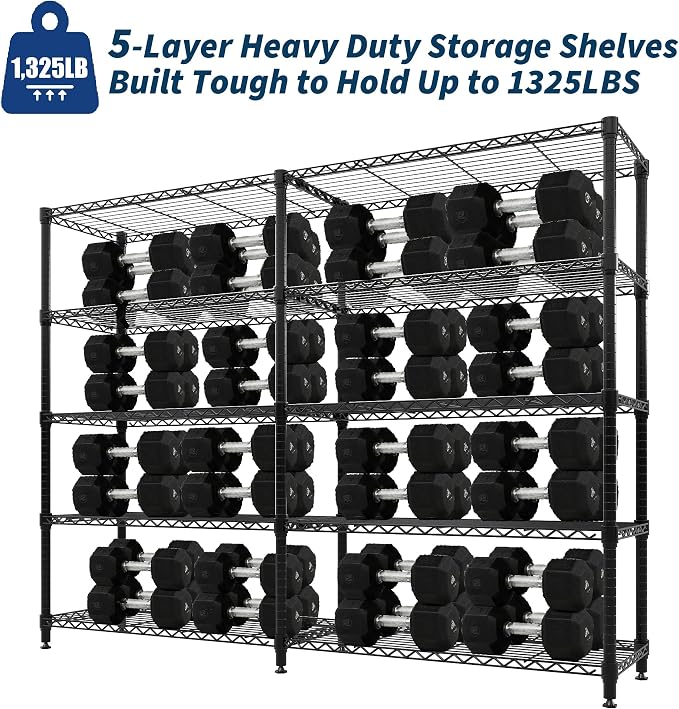 5-Tier Metal Storage Shelves, Heavy Duty Wire Rack Shelving Unit for Garage Kitchen Storage, 15.7"D x 71"W x 70.5"H Adjustable Shelf for Basement & Pantry Room Organization, Easy Assembly