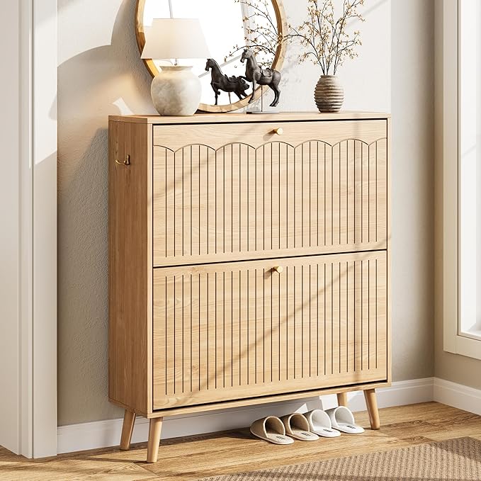 Nicetree Shoe Cabinet Storage for Entryway, 2-Flip Drawer Narrow Shoe Rack with 3-Level Adjustable Shelves, Slim Wood Storage Cabinets for Small Spaces Luminous Natural Oak